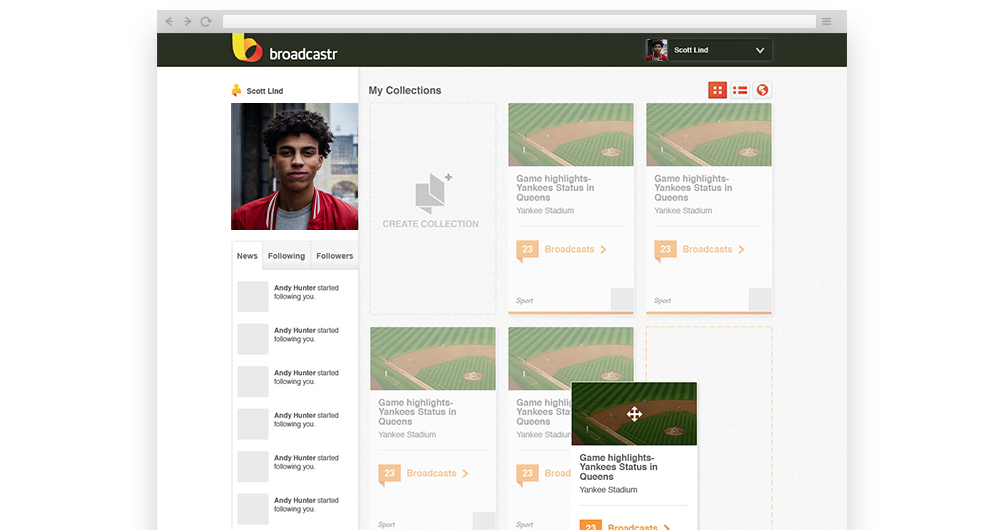 Dashboard Design showing the user draging a boradcast collection cover in grid view.