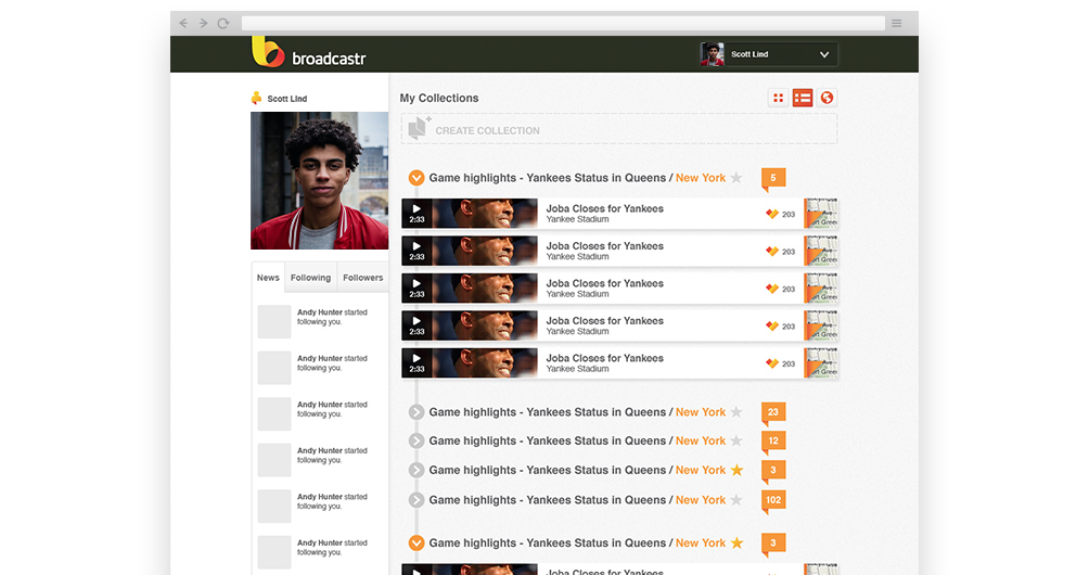 List view of individual broadcasts.