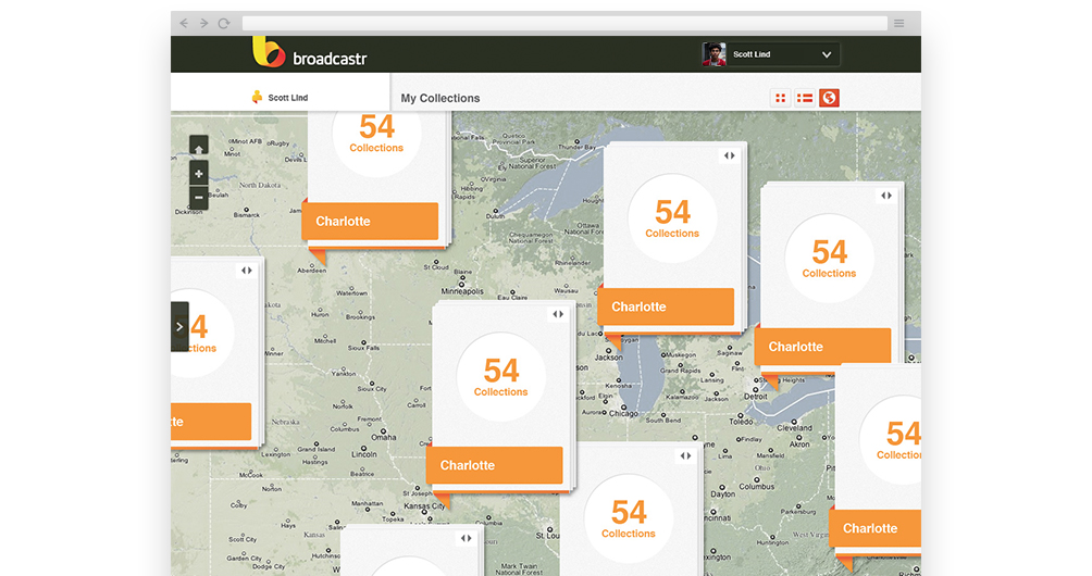 Dashboard Design in map view. Users can look through their collections by geographic location. 